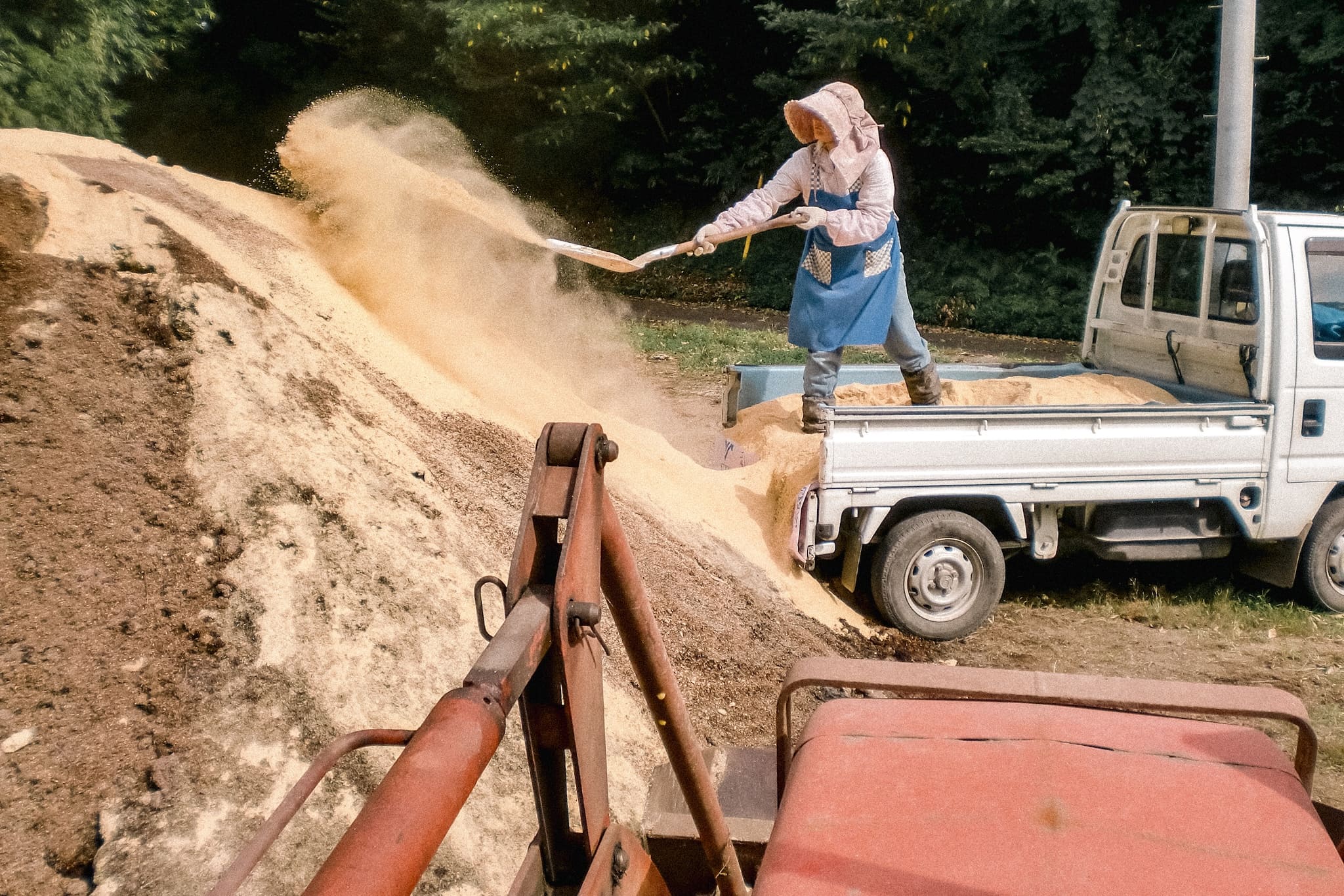 Making compost for soil preparation, essential for tea cultivation, at Imamura Tea Plantation in Kirishima, Kagoshima, Japan