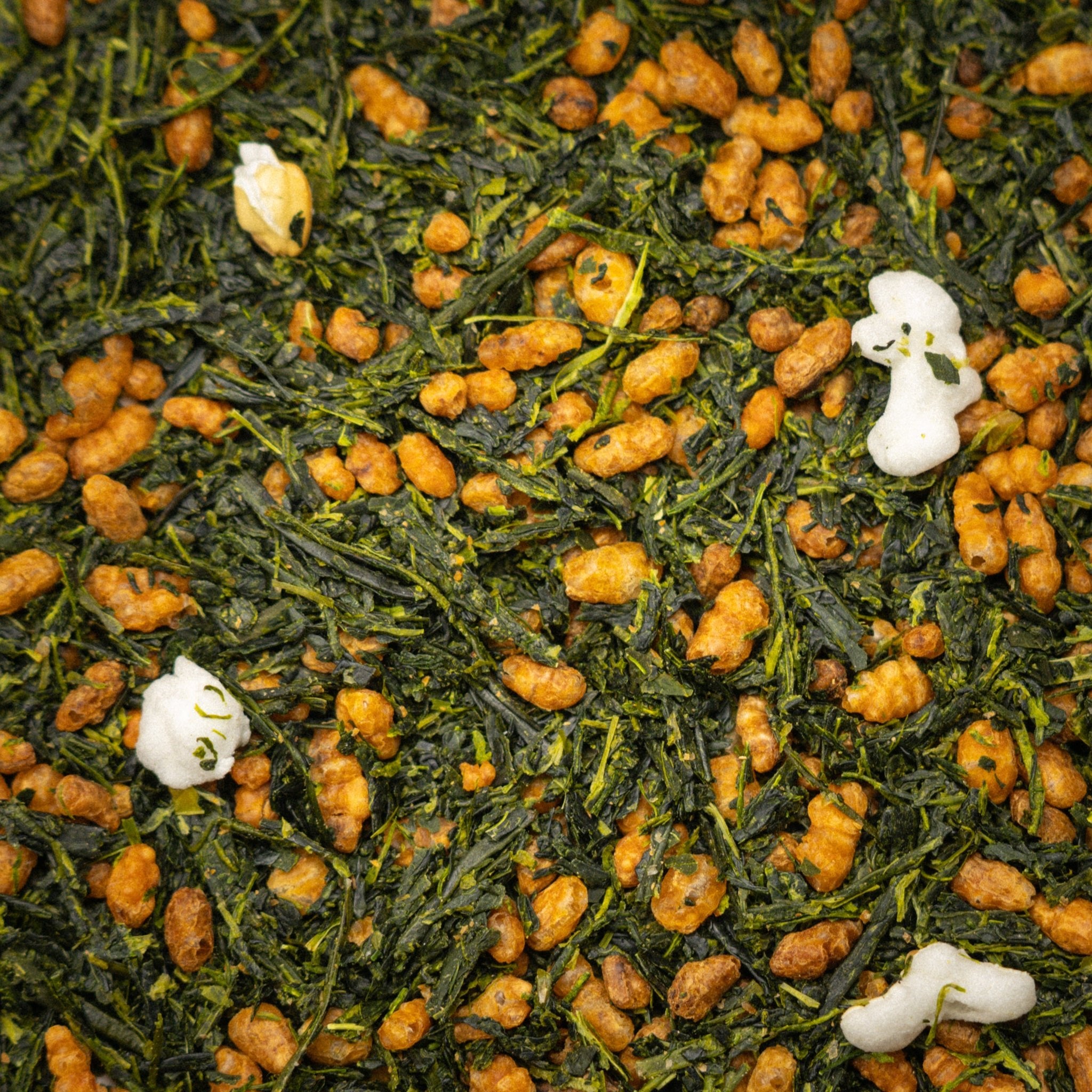 玄米茶の茶葉クローズアップ(緑茶と炒り玄米・ポップ玄米) / Close-up of genmaicha leaves with roasted brown rice, Kagoshima - 今村茶園