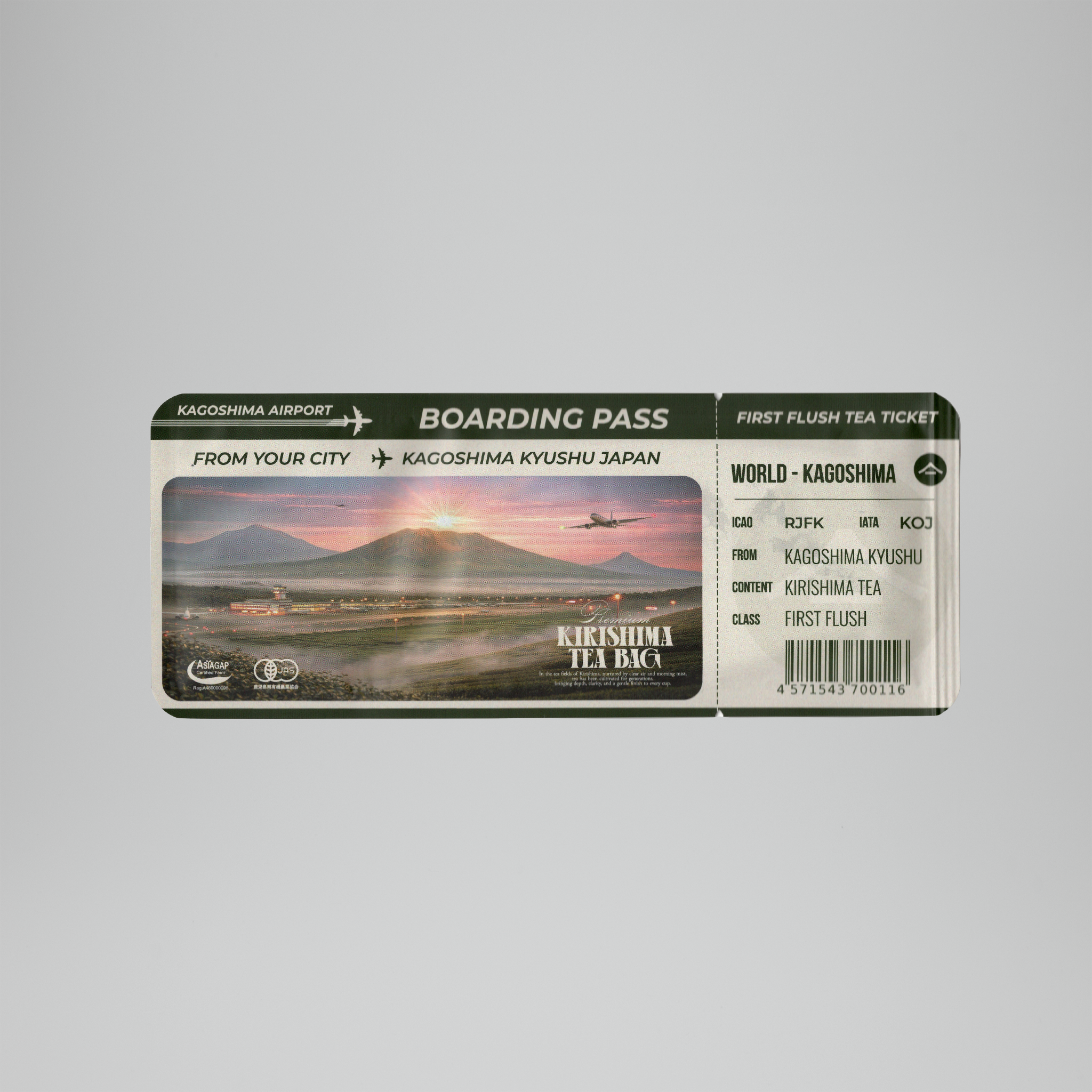 BOARDING PASS｜鹿児島空港と共同制作した搭乗券型有機煎茶ティーバッグのパッケージ表面。霧島連山と滑走路の風景 / Boarding pass-shaped organic sencha tea bag, front of package, Kagoshima Airport × Imamura Tea Plantation - 今村茶園