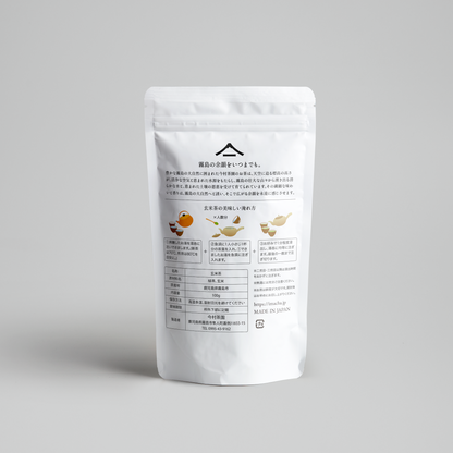 今村茶園の霧島茶・鹿児島茶『玄米茶 BROWN RICE TEA』100gパッケージ裏面画像です。